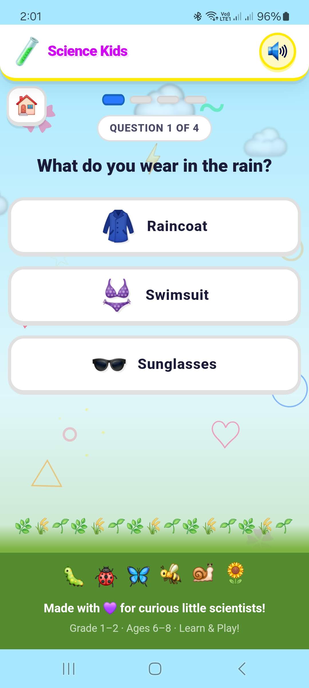 Science Kids quiz screen